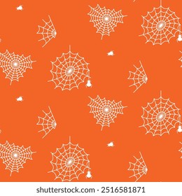 Spider web seamless pattern background. Halloween spiders net decor template for paper and cards orange and white