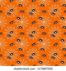Spider and Spider Web Seamless Pattern - Black spiders and white spider webs on orange background