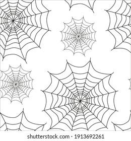 Spider web seamless pattern. Black lines on a white background. Insect trap. Spider house. Halloween icons. Vector illustration.