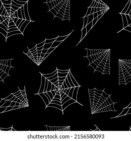 Spider web seamless pattern, spider house, creepy Halloween decorations pattern. Spiderweb vector doodle sketch. Cobweb set, isolated on white background for halloween, spooky, scary, horror.