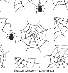 Spider web seamless pattern vector illustration. Hand drawn sketched web background .