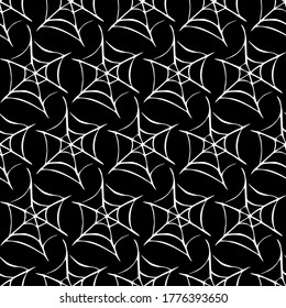 Spider web seamless pattern. Vector hand drawn illustration isolated on black background. Halloween texture