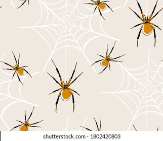 Patrón de tela de araña sin costura, ilustración de bebé vector Haloween, niños repiten la impresión de dibujo. Arte escandinavo espeluznante, diseño infantil, papel pintado adorable de araña, fondo de tela animal.