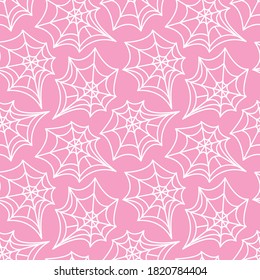 Spider web seamless pattern. Vector illustration isolated on pink background. Halloween texture