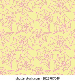 Spider web seamless pattern. Vector illustration isolated on yellow background. Halloween texture