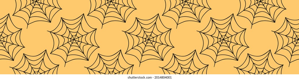 Spider web seamless pattern. Vector illustration isolated on orange background. Halloween texture