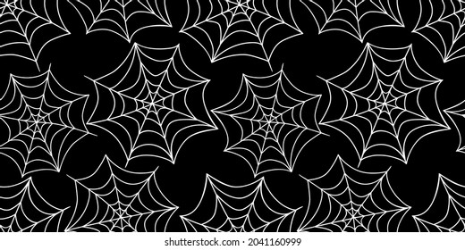 Spider web seamless pattern. Vector black and white illustration isolated. Halloween texture