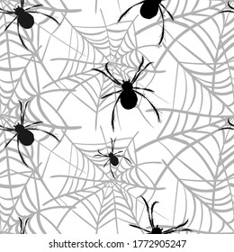 spider with web seamless vector pattern. black and grey on white background