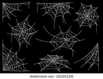 Spider web set. Cobweb on dark background. Horror Halloween design spooky net elements. Vector illustration