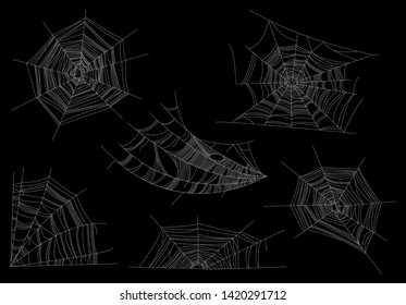 Spider web set. Collection of Cobweb isolated on black background. Halloween concept. Vector