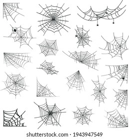 Spider web set. Decorative objects for Halloween and Day of the Dead celebration. Spiders hanging on a web.