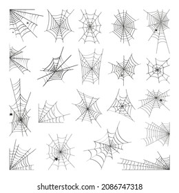 Spider web set. Decorative objects for Halloween and Day of the Dead celebration. Spiders hanging on a web.