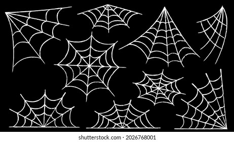 Spider web set. Halloween decoration with spiders. A creepy spider web in an abandoned place. Outline and line isolated vector illustration