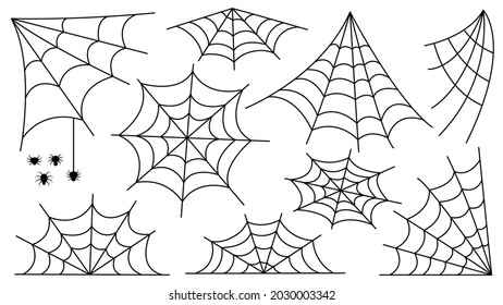 Spider web set. Halloween decoration with spiders. A creepy spider web in an abandoned place. Outline and line isolated vector illustration