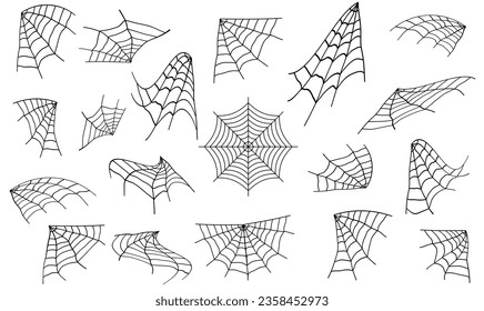 Spider web set. Halloween hand drawn cobweb collection.Spiderweb icon. Vector illustration