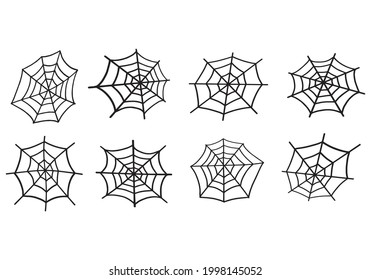 Spider Web set. Web for Halloween, a scary, ghostly, spooky element for design on Halloween. Vector illustration in Doodle style