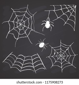 Spider web set Hand drawn sketched web vector illustration on chalkboard background.