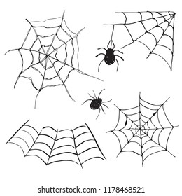 Spider web set Hand drawn sketched web vector illustration isolated on white background.