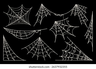 Spider Web Set in Hand Drawn Style Isolated on Black Background Doodle arachnid web perfect for cards, party invitations, web, fashion, print