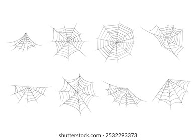 Spider web set, spider horror house, creepy Halloween decoration concept. Hand drawn Spiderweb vector doodle sketch. Cobweb, isolated on white background for halloween, spooky, scary, horror house.