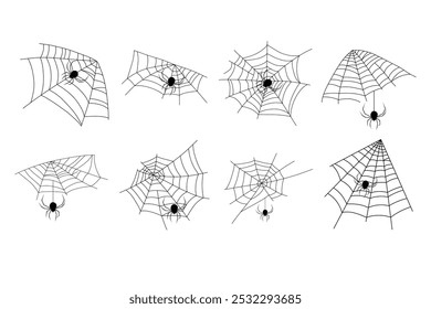 Spider web with spider set, horror house, creepy Halloween decoration concept. Hand drawn Spiderweb vector doodle sketch. Cobweb, isolated on white background, halloween, spooky, scary, horror house.