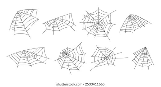 Spider web set, spider horror house, creepy Halloween decoration concept. Hand drawn Spiderweb vector doodle sketch. Cobweb, isolated on white background for halloween, spooky, scary, horror house.