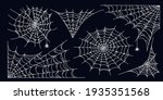 Spider web set isolated on dark background. Spooky Halloween cobwebs with spiders. Outline vector illustration