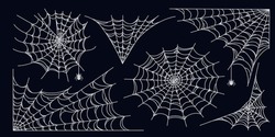 Ensemble D'araignées Isolées Sur Fond Noir. Des Toiles D'Halloween Effrayantes Avec Des Araignées. Illustration Vectorielle En Plan