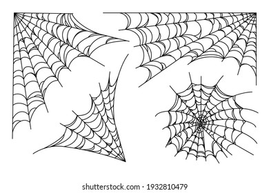 Spider Web Set Isolated On White Background. Spooky Halloween Cobweb Frames. Outline Vector Illustration