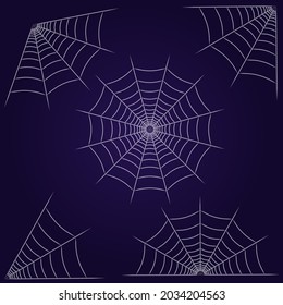 Spider web set isolated on dark background. Spooky Halloween cobwebs. Outline vector illustration