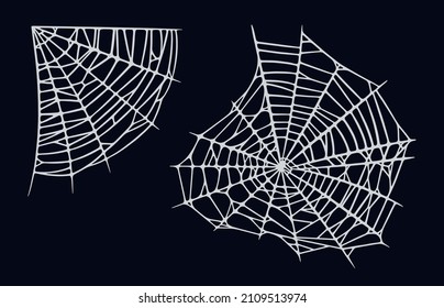 Spider web set isolated on black background. Spooky Halloween cobwebs. Handrawn vector illustration