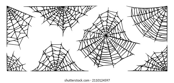 Spider web set isolated on white background. Outline Halloween cobwebs. Handrawn vector illustration