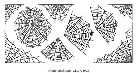 Spider web set isolated on white background. Spooky Halloween cobwebs. Handrawn vector illustration