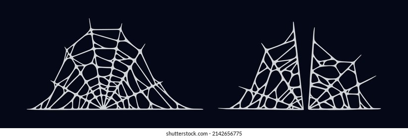 Spider web set isolated on black background. Spooky Halloween cobwebs. Handrawn vector illustration