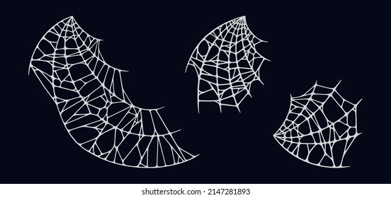Spider web set isolated on black background. Spooky Halloween cobwebs. Handrawn vector illustration