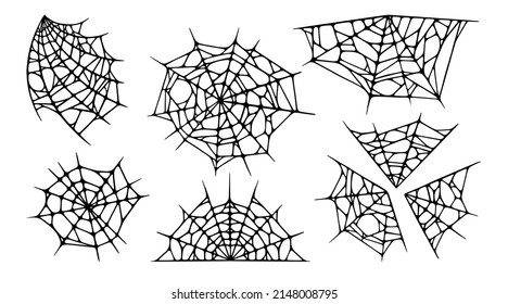 Spider web set isolated on white background. Spooky Halloween cobwebs. Handrawn vector illustration