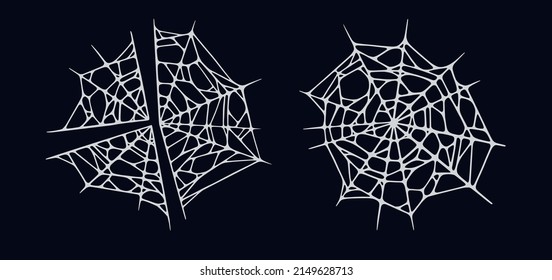 Spider web set isolated on black background. Spooky Halloween cobwebs. Handrawn vector illustration