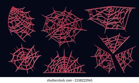 Spider web set isolated on dark background. Spooky Halloween red cobwebs. Outline vector illustration