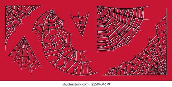 Spider web set isolated on red background. Spooky Halloween red cobwebs. Outline vector illustration