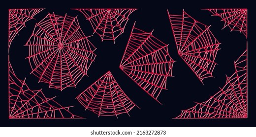 Spider web set isolated on dark background. Spooky Halloween red cobwebs. Outline vector illustration