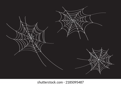 Spider web set isolated on black background. Spooky Halloween cobweb frames. Outline vector illustration