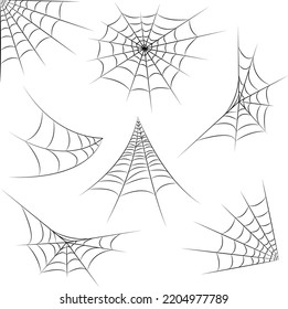 Spider web set isolated on white background. Halloween black cobwebs. Outline vector illustration