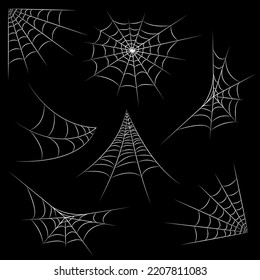 Red araña aislada en fondo negro. Las telarañas de la línea blanca de Halloween. Ilustración de vector de contorno