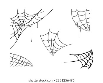 Spider web set isolated on white background. Spooky Halloween cobwebs with spiders. Outline vector illustration