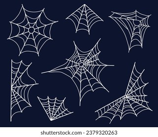 Spider web set isolated on dark  background. Scary hanging trap for holiday frame isolated on black. Vector illustration