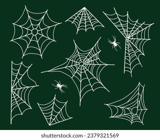 Spider web set isolated on dark  background.Web with spiders in doodle style. Vector illustration