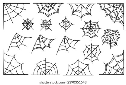 Spider web set isolated on white background. Spooky Halloween cobwebs collection. Outline vector flat illustration.
