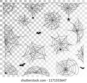 Spider web set on transparent background. Cobweb elements design. Vector illustration 