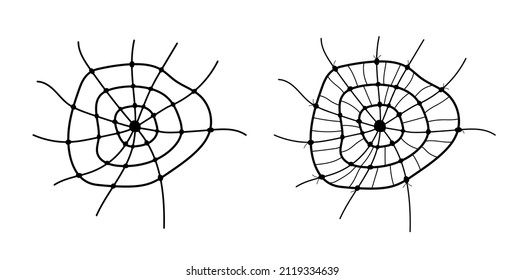 Spider web set on white background. Isolated hand drawn cobweb elements. Halloween decoration. Vector illustration.