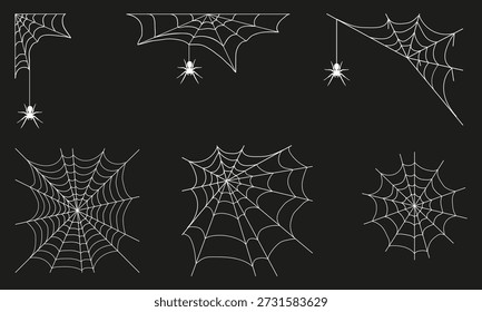 Web de araña, conjunto de telarañas realistas con una araña sobre un fondo negro. Anuncio de Halloween. Vector, ilustración del diseñador, Anuncio del Web. Imagen de Vector.